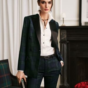 Ralph Lauren Plaid Double Breasted Satin Wool Tuxedo Blazer Green/Navy/Black 22W